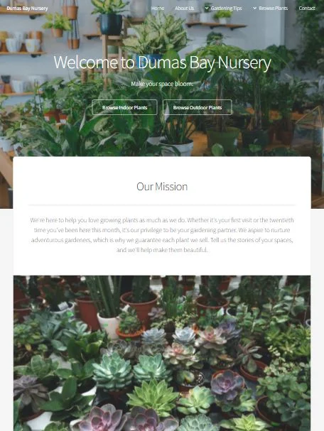preview of website for Dumas Bay Nursery
